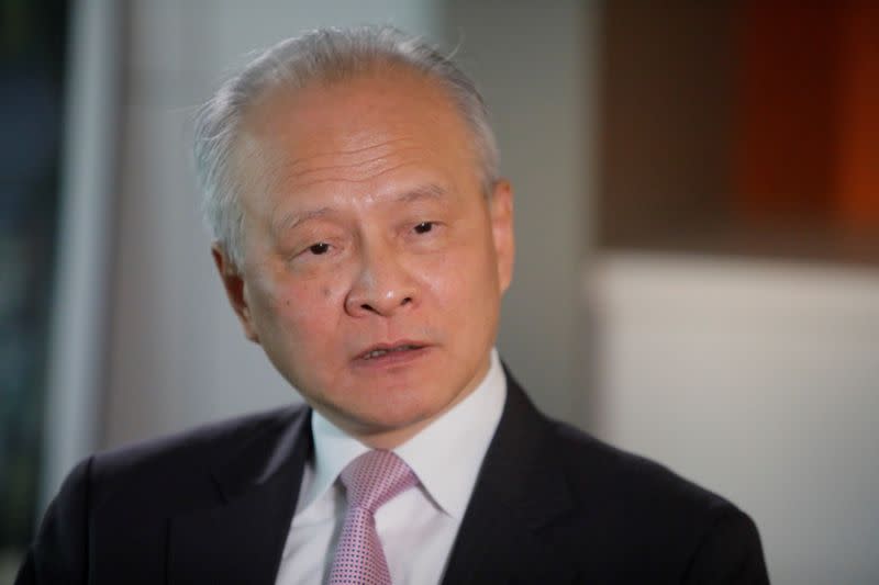 China's ambassador to the United States Cui Tiankai answers reporters questions during an interview with Reuters in Washington