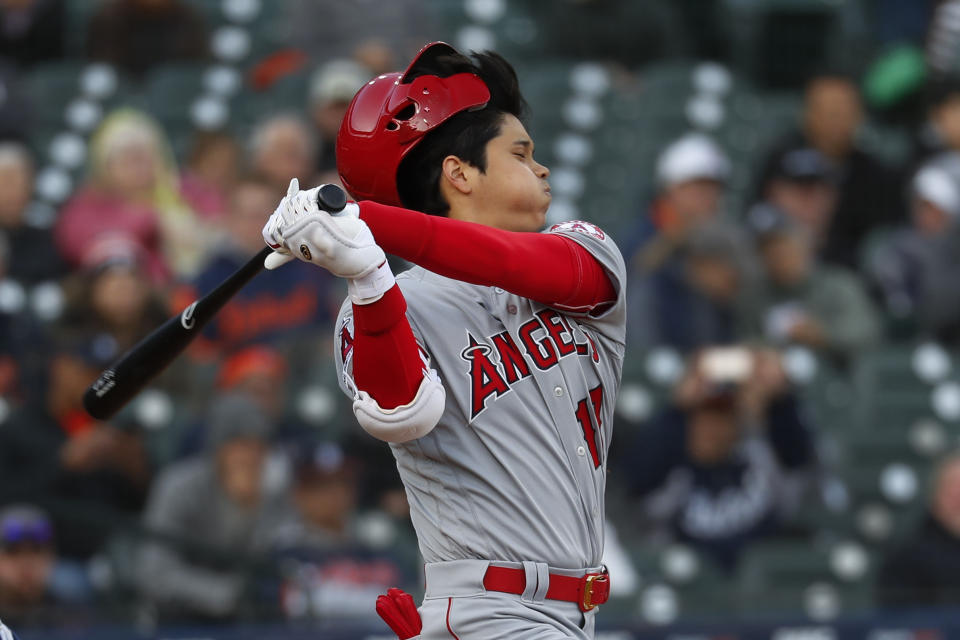 Los Angeles Angels' Shohei Ohtani loses his helmet as he bats against the Detroit Tigers during the first inning of a baseball game in Detroit, Tuesday, May 7, 2019. Ohtani struck out. (AP Photo/Paul Sancya)