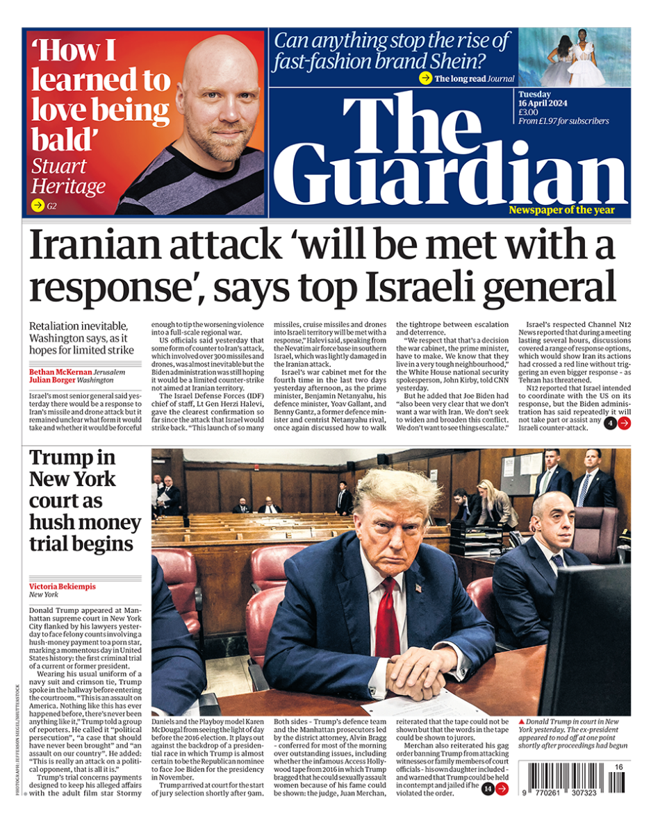 The headline in the Guardian reads: "Iranian attack 'will be met with a response', says top Israeli general".