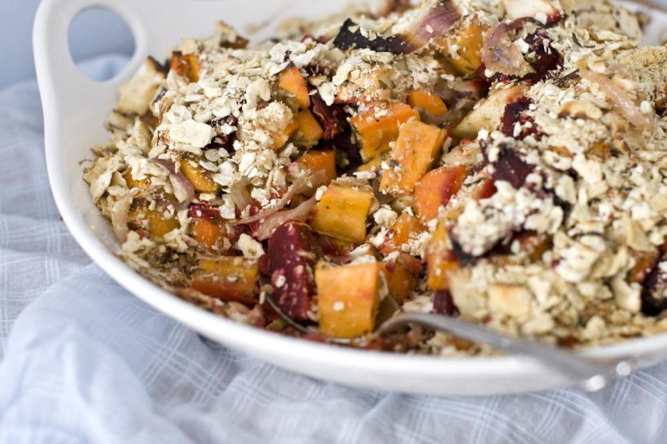 In this Feb. 27, 2012 photo, a root vegetable casserole sits on display, in Concord, N.H. Get your Passover Seder off to a healthy start with a flavorful root vegetable casserole. We seasoned it with citrus and herbs and added a crumb topping. In keeping with the kosher for Passover rules, we used crushed matzo in place of the more traditional breadcrumb topping that goes with casseroles. (AP Photo/Matthew Mead)