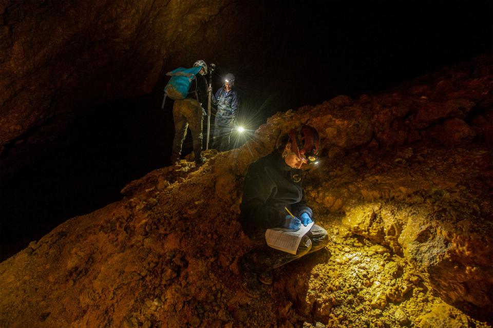 Non-game wildlife biologists Lauri Hanauska-Brown, collects soil samples from the Cathedral Room in Lick Creek Cave in the Little Belt Mountains in early April, 2020. Hanauska-Brown led a team into the cave to test the bat population for white-nose syndrome is caused by a fungus that can be fatal to bats, and was recently detected for the first time in Lick Creek Cave.
