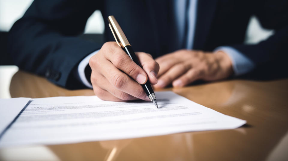 A close-up of a hand signing a documents, representing the process of policy issuance.