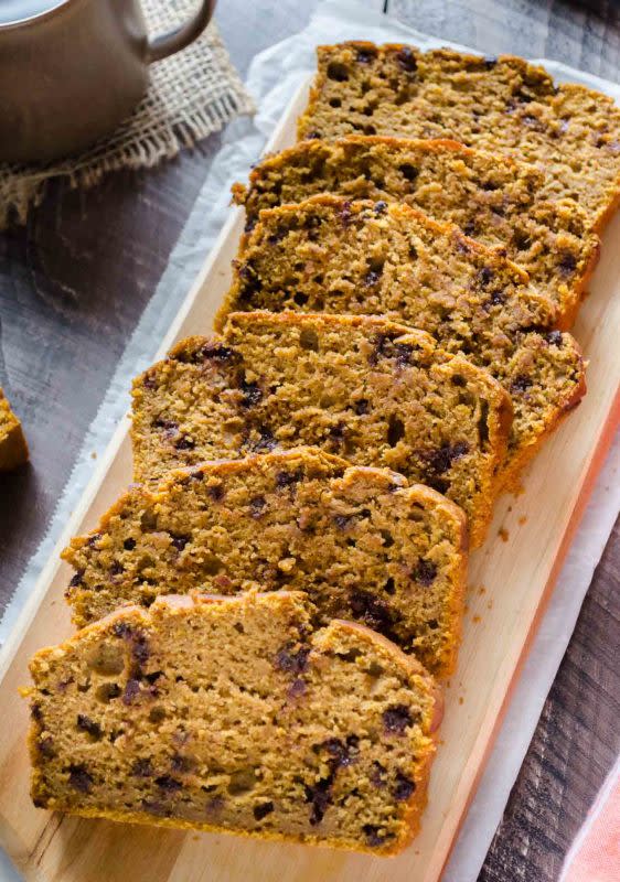 <p>Flavor the Moments</p><p>Get all the cozy fall vibes in a healthier way with this healthy pumpkin bread! It’s wholesome and delicious with the goodness of whole wheat flour, plenty of pumpkin spice flavor and dark chocolate chips. </p><p><strong>Get the recipe: <em><a href="https://flavorthemoments.com/healthier-one-bowl-pumpkin-chocolate-chip-bread/" rel="nofollow noopener" target="_blank" data-ylk="slk:Healthy Pumpkin Bread;elm:context_link;itc:0;sec:content-canvas" class="link ">Healthy Pumpkin Bread</a></em></strong></p>