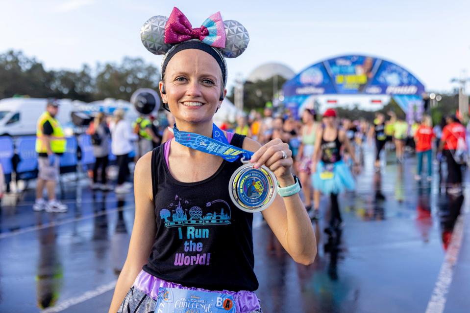 (Nov. 6, 2022) Megan Curham makes event history as the first runner to win the half marathon four straight times during the Disney Wine & Dine Half Marathon Weekend at Walt Disney World Resort in Lake Buena Vista, Fla. The New Jersey runner was the overall winner in the 2021 Disney Wine & Dine Half Marathon and holds the course record in the women’s division. (Courtney Kiefer, photographer