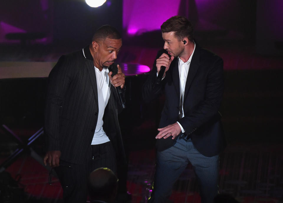 Timbaland and Justin Timberlake onstage