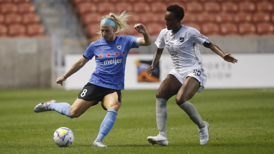 Sky Blue's Ifeoma Onumonu (25) defends against Chicago Red Stars' Julie Ertz (8) during the first half of an NWSL Challenge Cup soccer semifinal match Wednesday, July 22, 2020, in Sandy, Utah. (AP Photo/Rick Bowmer)