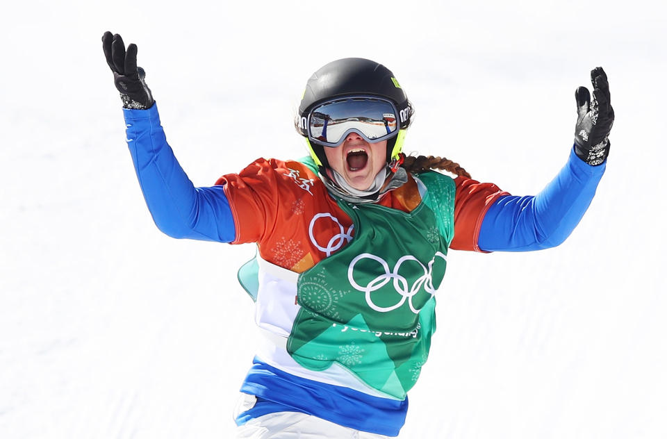 Michela Moioli of Italy celebrates winning gold in the Ladies' Snowboard Cross gold medal at the PyeongChang 2018 Winter Olympic Games on Feb. 16, 2018. | Michela Moioli of Italy celebrates winning gold in the Ladies' Snowboard Cross gold medal at the PyeongChang 2018 Winter Olympic Games on Feb. 16, 2018.