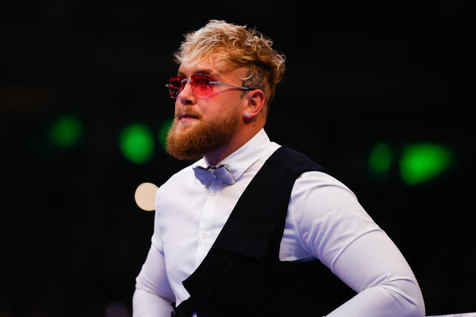 NEW YORK, NY - APRIL 30: Jake Paul in the ring after the Katie Taylor of Ireland and Amanda Serrano of Puerto Rico fight for the Undisputed World Lightweight Championship on April 30, 2022 at Madison Square Garden In New York, New York.  (Photo by Rich Graessle/Icon Sportswire via Getty Images)