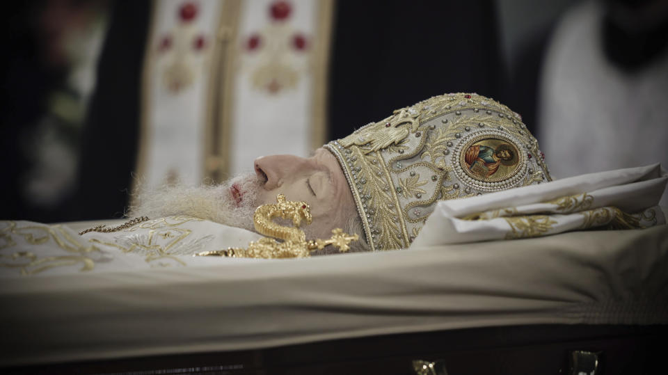 A view of Bulgarian Bulgarian patriarch Neophyte as Bulgarian Orthodox Priests pay their last respects, at the Alexander Nevsky Cathedral in Sofia, Friday, March 15, 2024. National mourning was declared by the Bulgarian government on March 15 and 16 to honour Patriarch Neophyte of Bulgaria. Neophyte who was the first elected head of the Orthodox Church in the post-communist Balkan country, died at a hospital in Sofia on March 13. He was 78. (AP Photo/Valentina Petrova)
