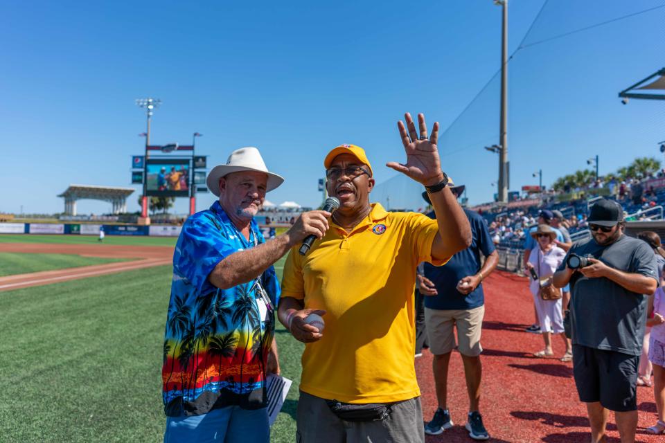 Cliff Curtis, the president of the Chappie James Flight Academy in Pensacola addressed the crowd on Chappie James Day on Sunday at Blue Wahoos Stadium.