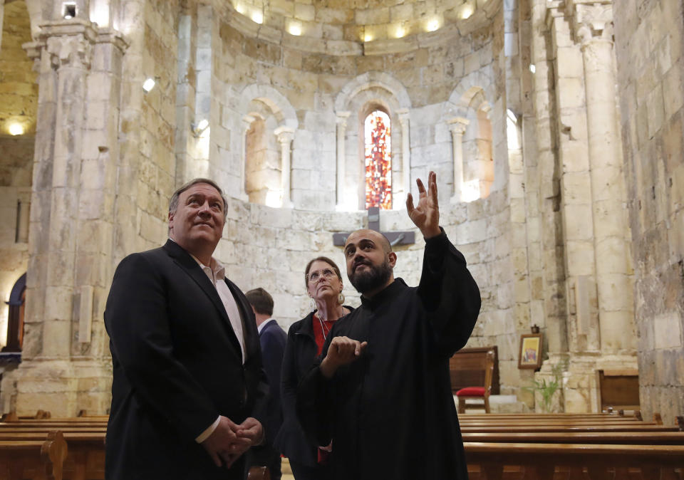 U.S. Secretary of State Mike Pompeo and his wife Susan visit a church at Byblos, Lebanon, Saturday, March 23, 2019. (Jim Young/Pool Photo via AP)