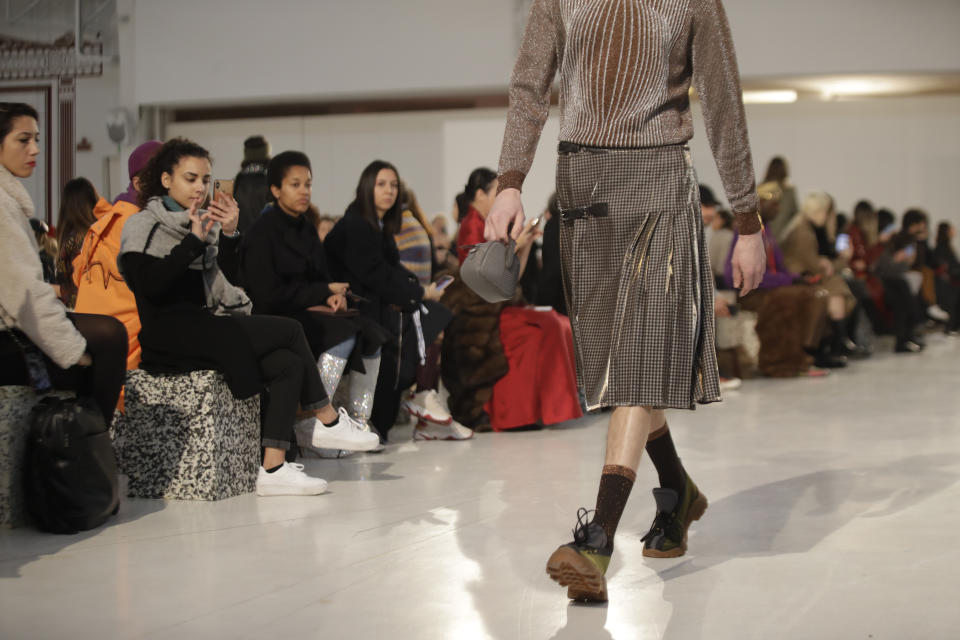 A model wears a creation as part of the Marco De Vincenzo men's Fall-Winter 2020/21 collection, that was presented in Milan, Italy, Tuesday, Jan. 14, 2020. (AP Photo/Luca Bruno)