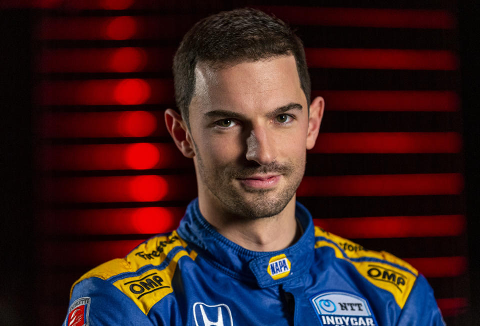 IndyCar driver Alexander Rossi is interviewed during IndyCar auto racing media day, Monday, Feb. 11, 2019, in Austin, Texas. (AP Photo/Stephen Spillman)