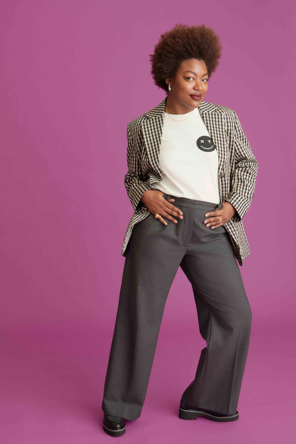 <p>Louisa Wells</p> Everlane Blazer, New York or Nowhere T-Shirt, &amp; Other Stories Trousers, M. Gemi Loafers.