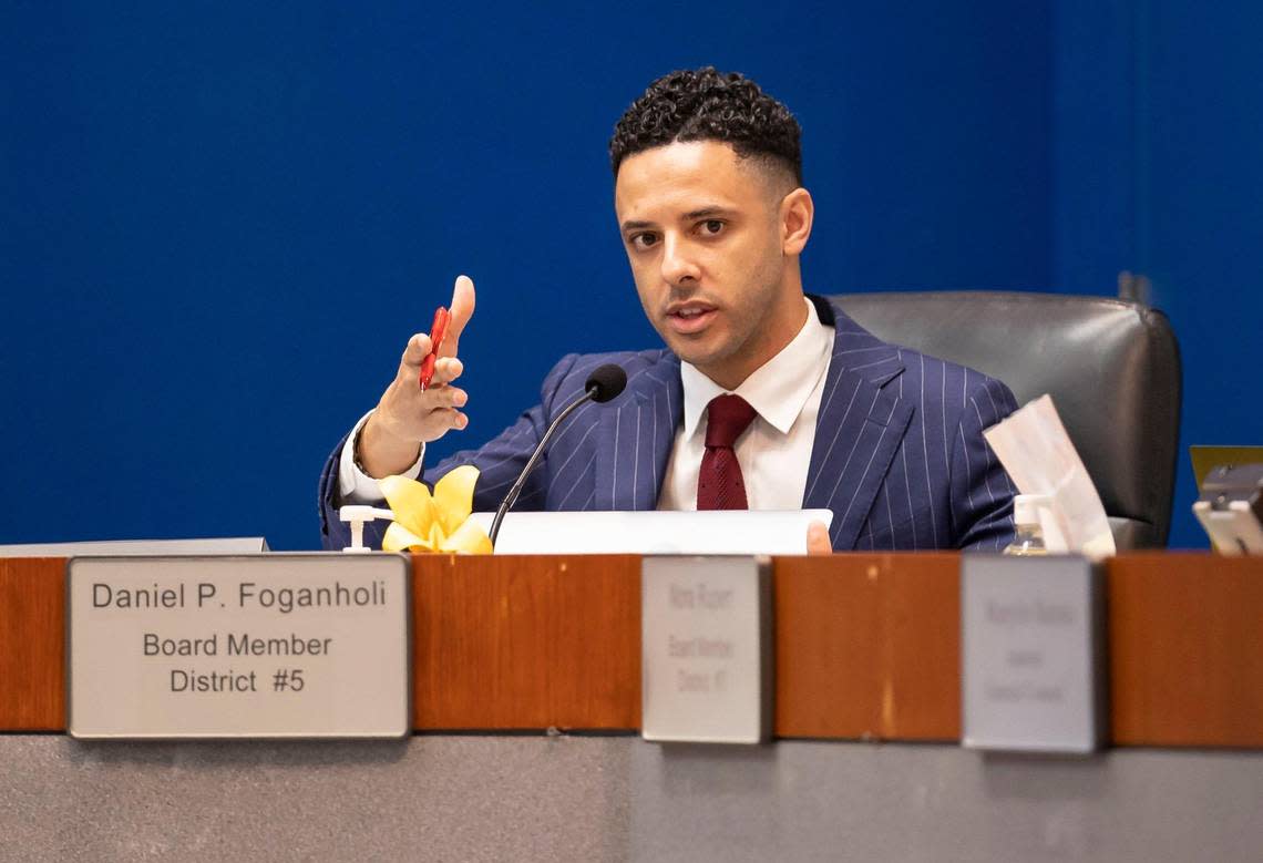 Broward County School Board member Daniel P. Foganholi speaks during a meeting at the Kathleen C. Wright Administration Center on Monday, Nov. 14, 2022, in Fort Lauderdale, Fla. He proposed the motion Monday to fire Broward Superintendent Vickie Cartwright. The board voted 5-4 to fire Cartwright late Monday night. Gov. DeSantis appointed him to the School Board in April. He did not run for a School Board seat on the Nov. 8 ballot and will be off the board shortly. MATIAS J. OCNER/mocner@miamiherald.com