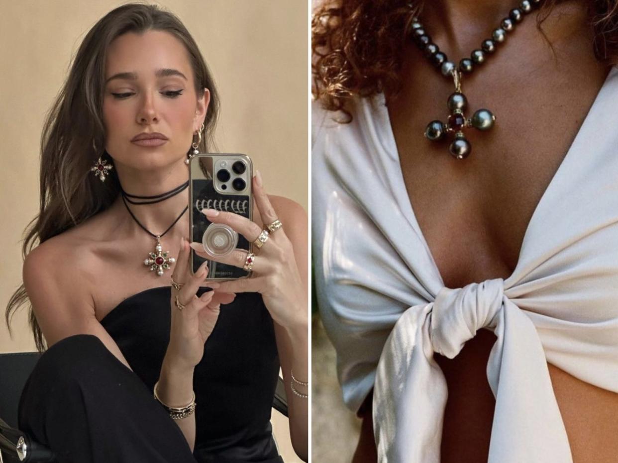 Screenshots of Bernstein's post about her jewelry launch, and Coco Belle's post about its version of the necklace.