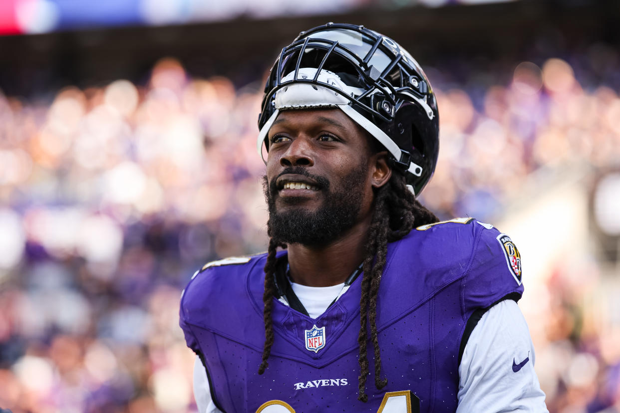 BALTIMORE, MD - NOVEMBER 05: Jadeveon Clowney #24 of the Baltimore Ravens looks on after a play against the Seattle Seahawks during the first half at M&T Bank Stadium on November 5, 2023 in Baltimore, Maryland. (Photo by Scott Taetsch/Getty Images)