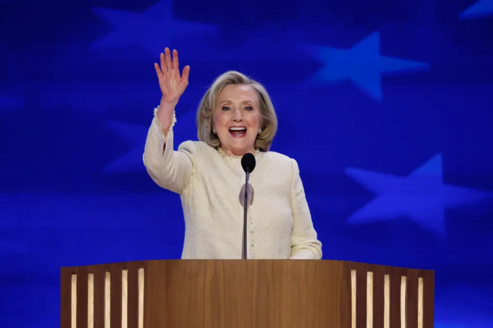 CHICAGO, ILLINOIS - AUGUST 19: Former U.S. Secretary of State Hillary Clinton speaks onstage during the first day of the Democratic National Convention at the United Center on August 19, 2024 in Chicago, Illinois. Delegates, politicians, and Democratic party supporters are in Chicago for the convention, concluding with current Vice President Kamala Harris accepting her party's presidential nomination. The DNC takes place from August 19-22. (Photo by Chip Somodevilla/Getty Images)