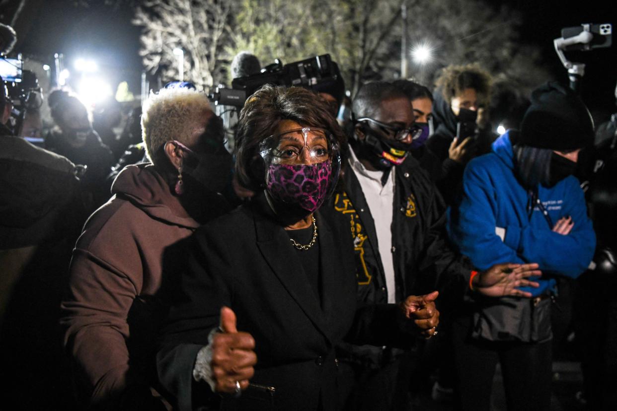 California Rep. Maxine Waters speaks to the reporters during a protest at the Brooklyn Center Police Department on Saturday.