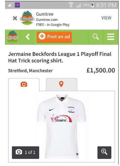 The shirt appeared on Gumtree for sale a short time later.