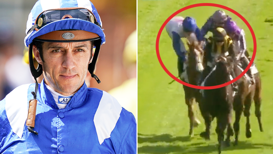 Christophe Soumillon (pictured left) before a race and Soumillon (pictured left) elbowing his rival Rossa Ryan off his horse.