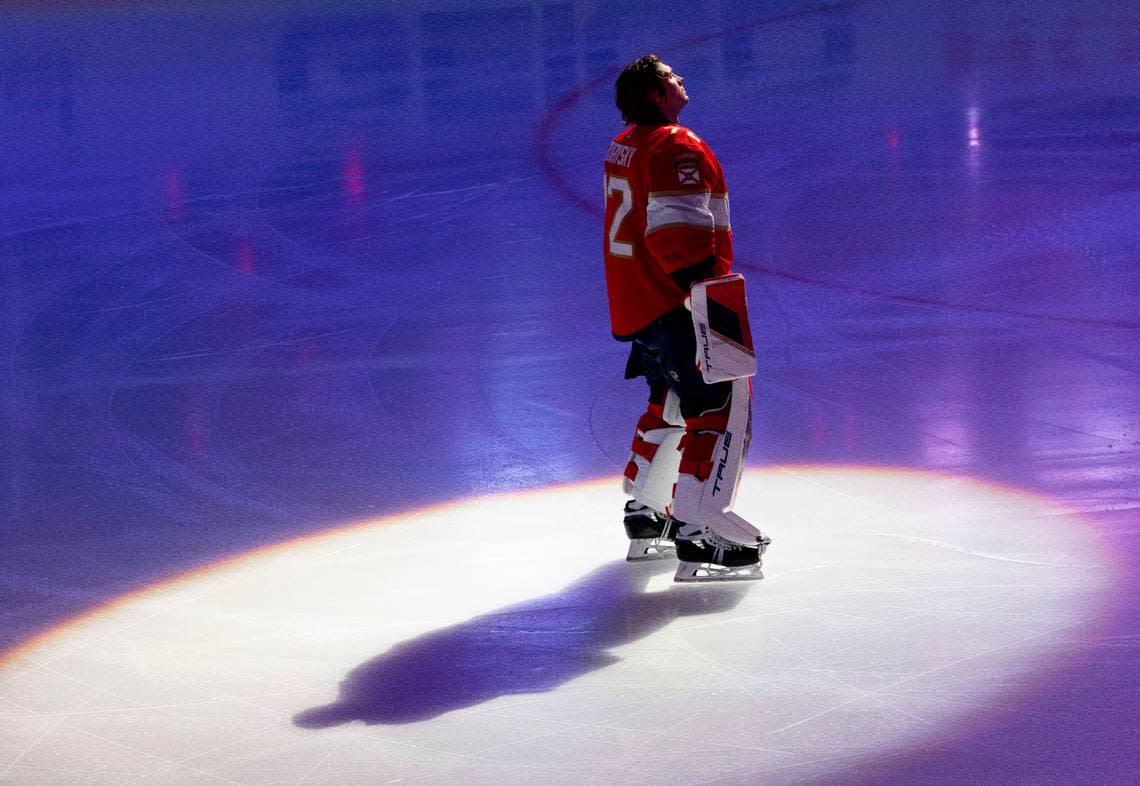 Florida Panthers goaltender Sergei Bobrovsky (72) looks up at the fans before the first period of Game 1 of the Stanley Cup Playoffs Round 1 against the Tampa Bay Lightning on Sunday, April 21, 2024, at Amerant Bank Arena in Sunrise, Fla.