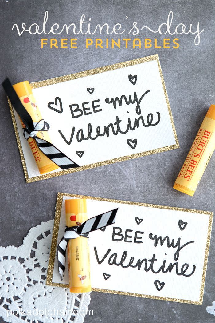 <p>Be a buzzing bumble bee passing out these Bee-themed cards paired with beeswax <a href="https://www.womansday.com/style/beauty/a53759/facialist-skincare-advice/" rel="nofollow noopener" target="_blank" data-ylk="slk:lip balm;elm:context_link;itc:0;sec:content-canvas" class="link ">lip balm</a>.</p><p><strong><em>Get the tutorial at <a href="http://www.polkadotchair.com/2015/01/bee-valentine.html/" rel="nofollow noopener" target="_blank" data-ylk="slk:Polka Dot Chair;elm:context_link;itc:0;sec:content-canvas" class="link ">Polka Dot Chair</a>.</em></strong></p><p><strong><strong><strong><strong><strong><strong><em>What You'll Need:</em></strong></strong></strong> </strong></strong></strong><a href="https://www.amazon.com/gp/product/B007NDJOJA/" rel="nofollow noopener" target="_blank" data-ylk="slk:Bee erasers;elm:context_link;itc:0;sec:content-canvas" class="link ">Bee erasers</a> ($7 for 24 erasers, Amazon)</p>