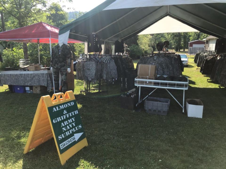 Among the finds in the U.S. 11 Antique Alley: This tent offering Army-Navy Surplus supplies in Reece City. The four-day yard sale covers a 502-mile route from Meridian, MS to Bristol, VA.