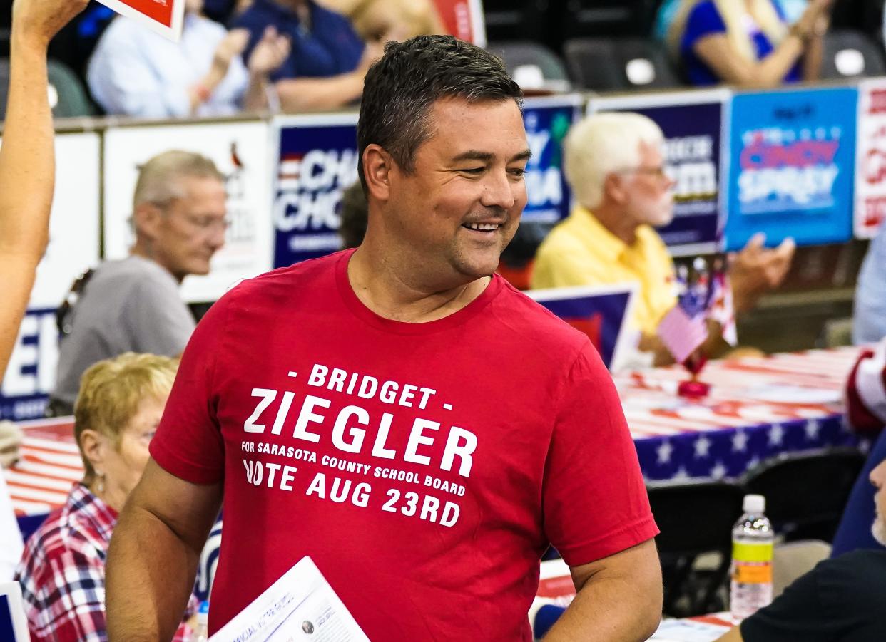 Christian Ziegler campaigns for his wife, Bridget Ziegler, at the Sarasota and Manatee Republican Parties candidates rally at Robarts Arena in Sarasota. Ziegler is running for Florida GOP chair.