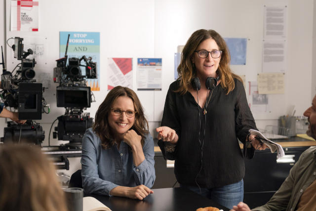 This image released by A24 shows actor Julia Louis-Dreyfus, left, and filmmaker Nicole Holofcener on the set of "You Hurt My Feelings." (Jeong Park/A24 via AP)