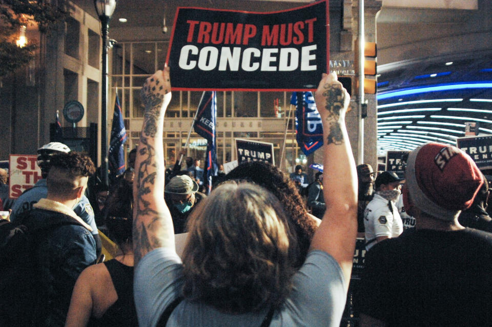 Democrats from across the city rallied outside the Philadelphia Convention Center to celebrate Joe Biden's lead in Pennsylvania and to ensure every vote gets counted across the state in Philadelphia, PA on November 6, 2020. (Photo by Cory Clark/NurPhoto via Getty Images)