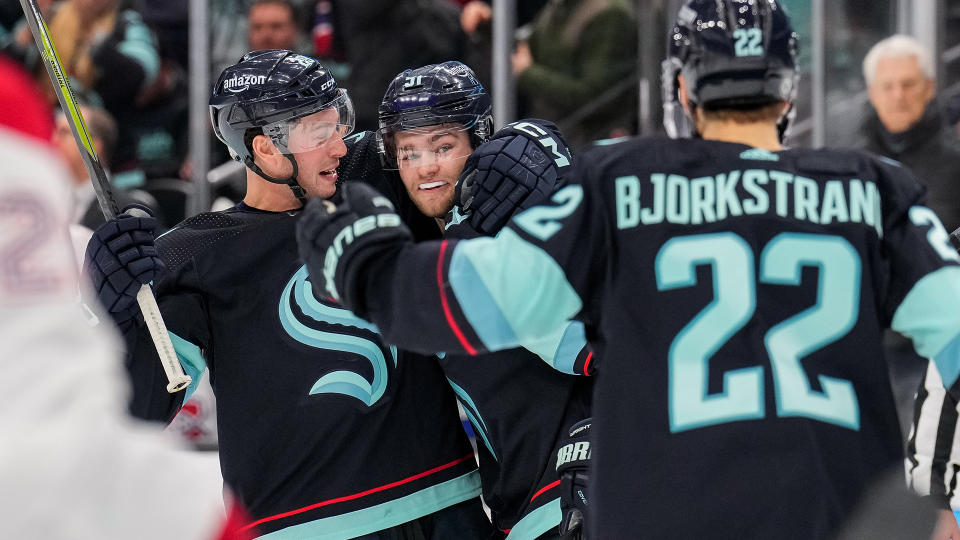 Shane Wright finally has his first NHL goal. (Photo by Christopher Mast/NHLI via Getty Images)