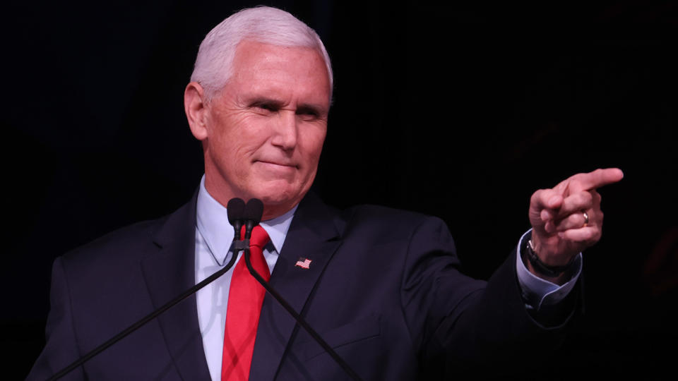 Mike Pence speaks from the podium at the Advancing Freedom Lecture Series at Stanford University. 