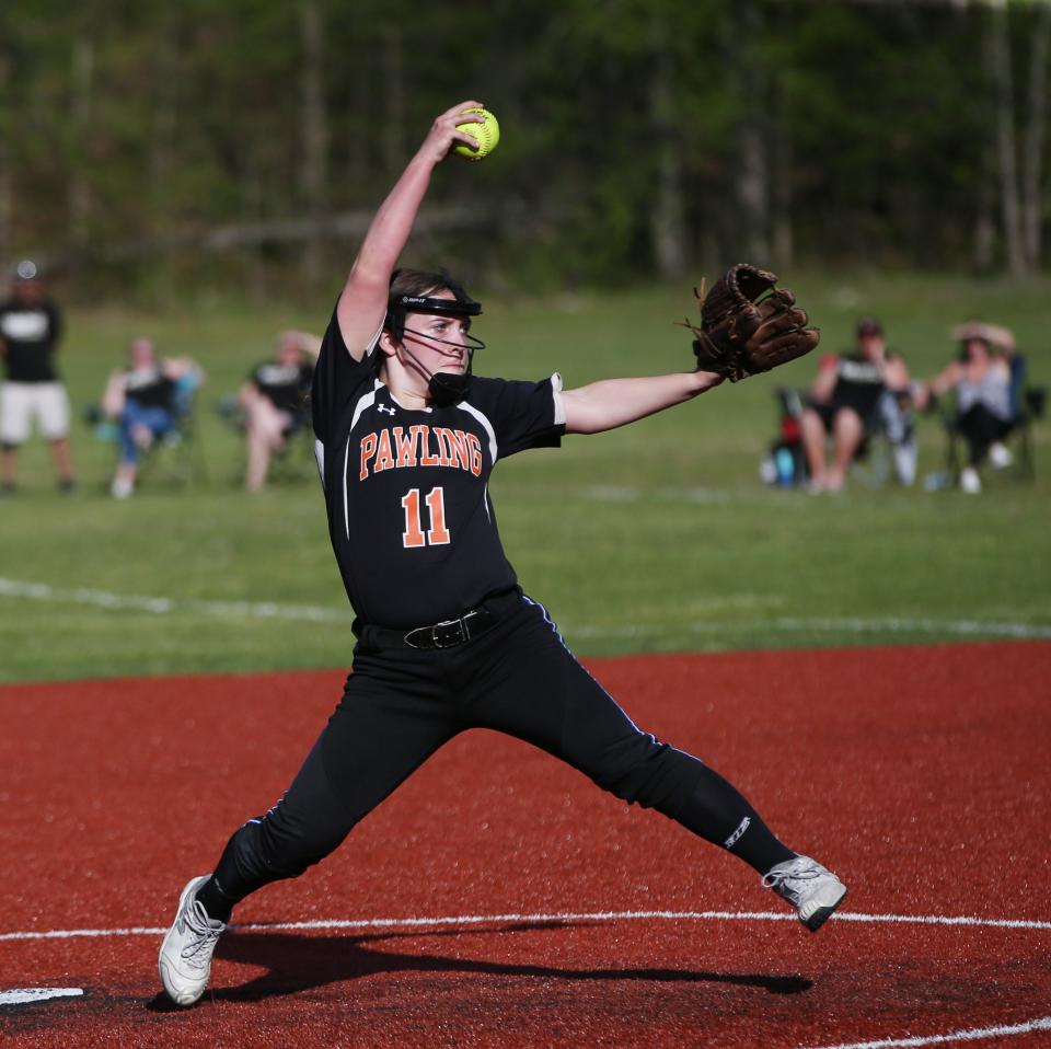 Pawling's Josie O'Leary readies to deliver a pitch against Arlington B during a May 12, 2022 softball game.
