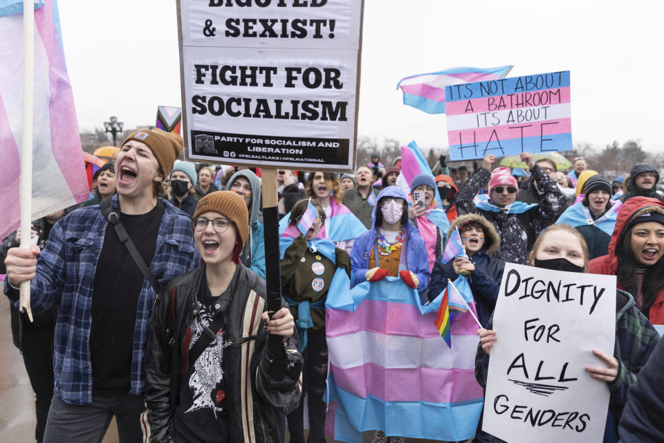 Demonstrators gather on the steps of the Capitol protesting in opposition to HB257 in Salt Lake City, Thursday, Jan. 25, 2024. (Marielle Scott/The Deseret News via AP)