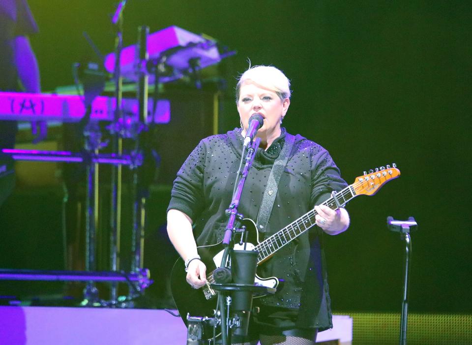 Natalie Maines sings with The Chicks as they play their country hits for a crowd of 17,219 during a World Tour 2023 concert on the Grandstand of the Iowa State Fair in Des Moines on Saturday, Aug. 19, 2023.