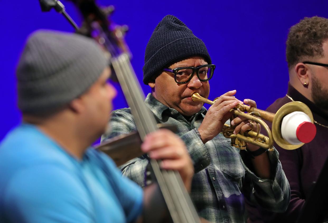 Trumpeter Wynton Marsalis gets warmed up with the Jazz at Lincoln Center Orchestra during a sound check before performing at E.J. Thomas Hall Saturday, April 20, 2024, in Akron, Ohio.