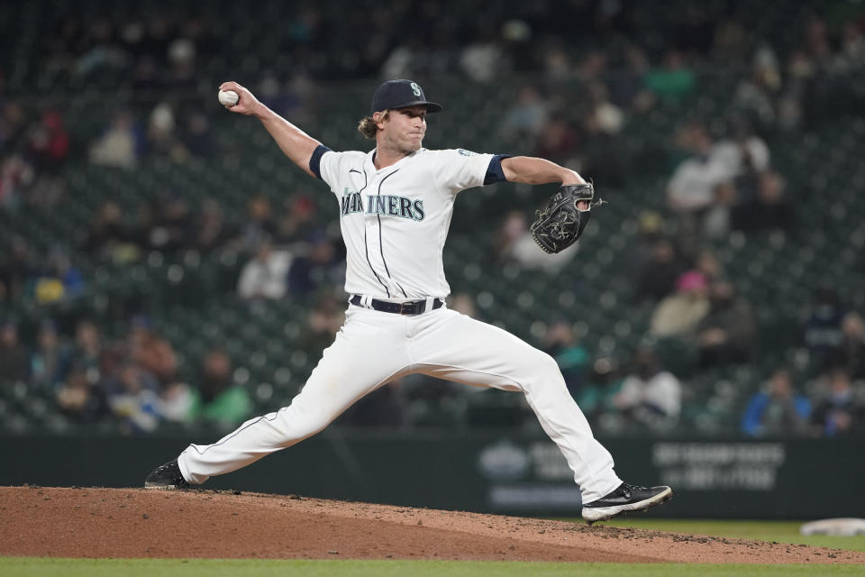 Seattle Mariners pitcher Drew Steckenrider throws against the Baltimore Orioles during the fifth inning of a baseball game, Monday, May 3, 2021, in Seattle. (AP Photo/Ted S. Warren)