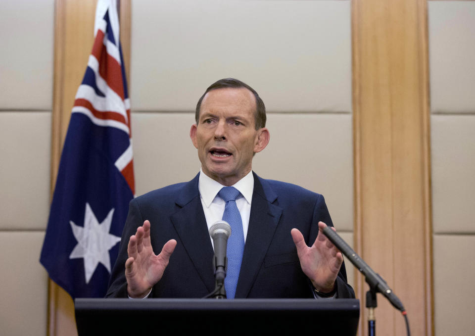 Australian Prime Minister Tony Abbott speaks during a press conference at a hotel in Beijing, China Saturday, April 12, 2014. Abbott told Chinese President Xi Jinping during their meeting on Friday that he was confident signals heard by an Australian ship towing a U.S. Navy device that detects flight recorder pings are coming from the missing Malaysian Airlines Flight 370. Officials believe the plane flew off course for an unknown reason and went down in the southern Indian Ocean off the west coast of Australia. (AP Photo/Andy Wong)