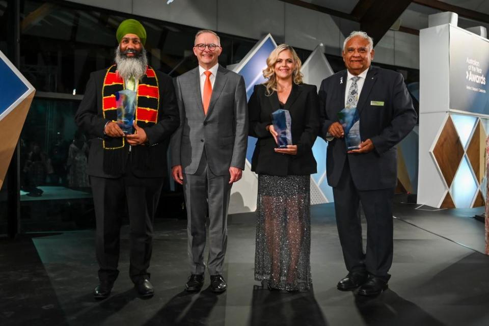 Amar Singh, local hero of 2023, Anthony Albanese, Taryn Brumfitt and Professor Tom Calma at the 2023 Australian of the Year awards.