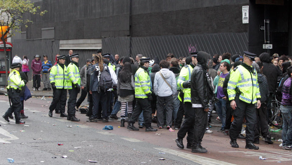 The scene in Museum Street, central London, where riot police have surrounded a suspected illegal raid. Hundreds of revellers were taking part in a suspected illegal rave today after a stand-off with police. Several police officers were hurt after bottles were thrown during clashes with a crowd of up to 500 people at a disused building in central London.   (Photo by Lewis Whyld/PA Images via Getty Images)