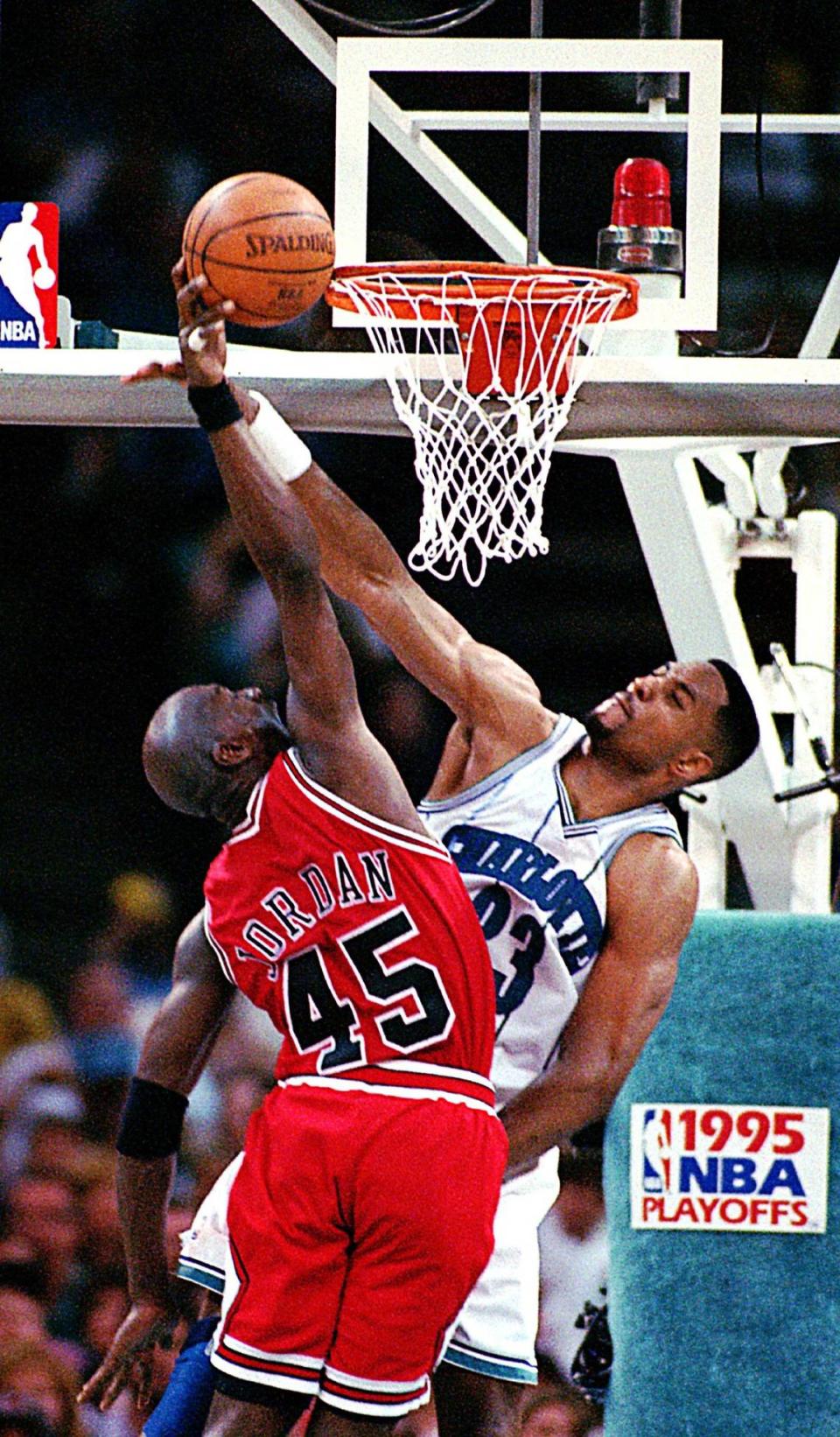 Alonzo Mourning rejects any notion of a Michael Jordan dunk in a Charlotte playoff victory on April 30, 1995.