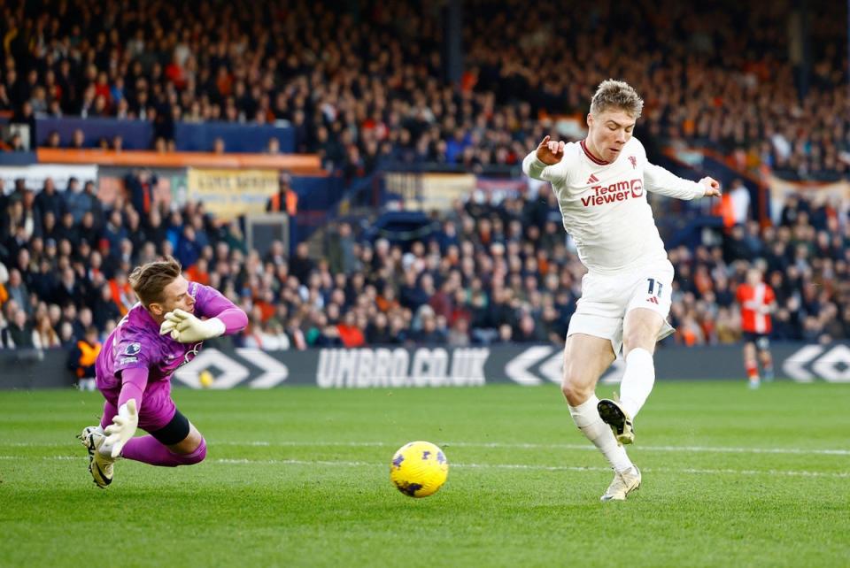 Rasmus Hojlund finishes his early chance in the first minute (Action Images via Reuters)