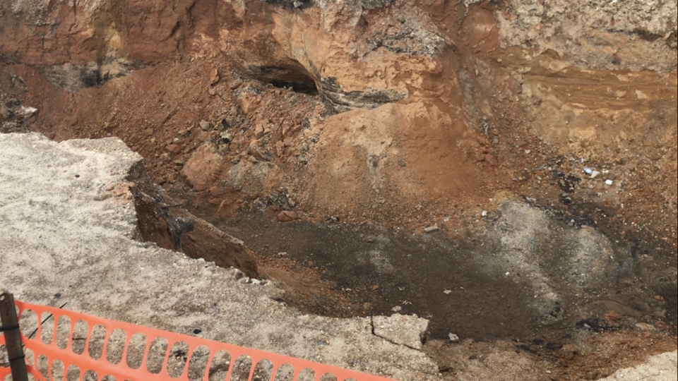 Demolition and clearing work largely is done at 200 North West Boulevard, where Vineland plans to build a fire station. The site still shows this large hole, visible off Plum Street. PHOTO: Jan. 20, 2023.