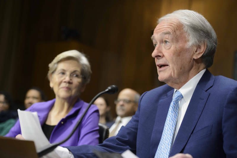 Massachusetts Senators Ed Markey (R) and Elizabeth Warren (L) joined 10 of their colleagues in a letter to Homeland Security Secretary Alejandro Mayorkas over alleged detention policy violations by ICE. File Photo by Bonnie Cash/UPI