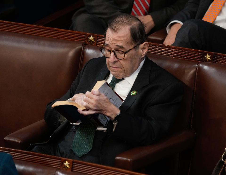 Jan 5, 2023; Washington, DC, USA; Rep. Jerry Nadler reads a book during a session of the House of Representatives on Thursday, Jan. 5, 2023, trying to elect a Speaker of the House. Mandatory Credit: Jack Gruber-USA TODAY