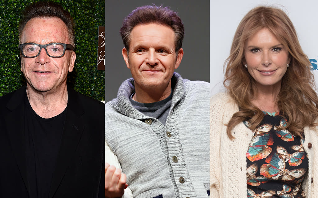 Tom Arnold and Mark Burnett were involved in a fight on Sunday — and Burnett’s wife, Roma Downey, claims she was injured. (Photos: Getty Images)