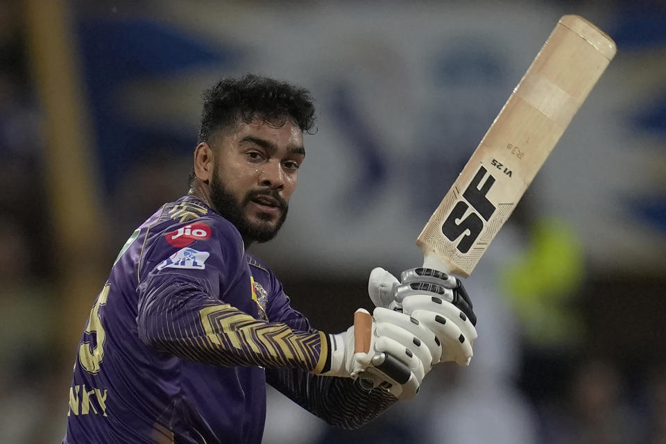 Kolkata Knight Riders' Venkatesh Iyer plays a shot during the Indian Premier League cricket match between Mumbai Indians and Kolkata Knight Riders in Mumbai, India, Friday, May 3, 2024. (AP Photo/Rajanish Kakade)