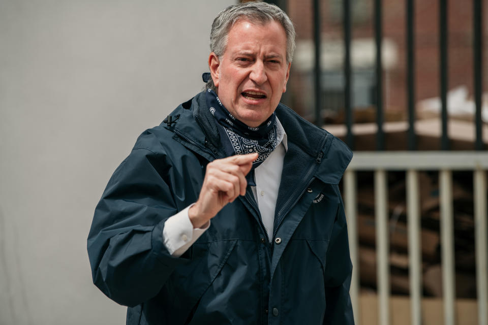 New York City Mayor Bill de Blasio speaks at a food shelf organized by The Campaign Against Hunger in Bed Stuy, Brooklyn on April 14, 2020 in New York City. (Scott Heins/Getty Images)