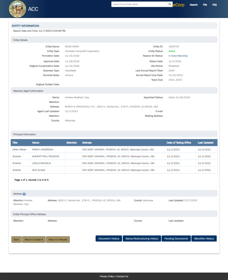 A screenshot from the Arizona Corporation Commission website taken on Nov. 7, 2023, shows the nonprofit entity MCSO MASH was listed as an “active” entity "in good standing." It wasn't.